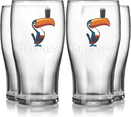 Guinness Gilroy Standing Toucan Pint Glass Gift Set – 4 Pack | Official Merchandise | 20Oz Tulip Beer Glasses | Collectible Irish Pub Barware for Fans & Home Bars