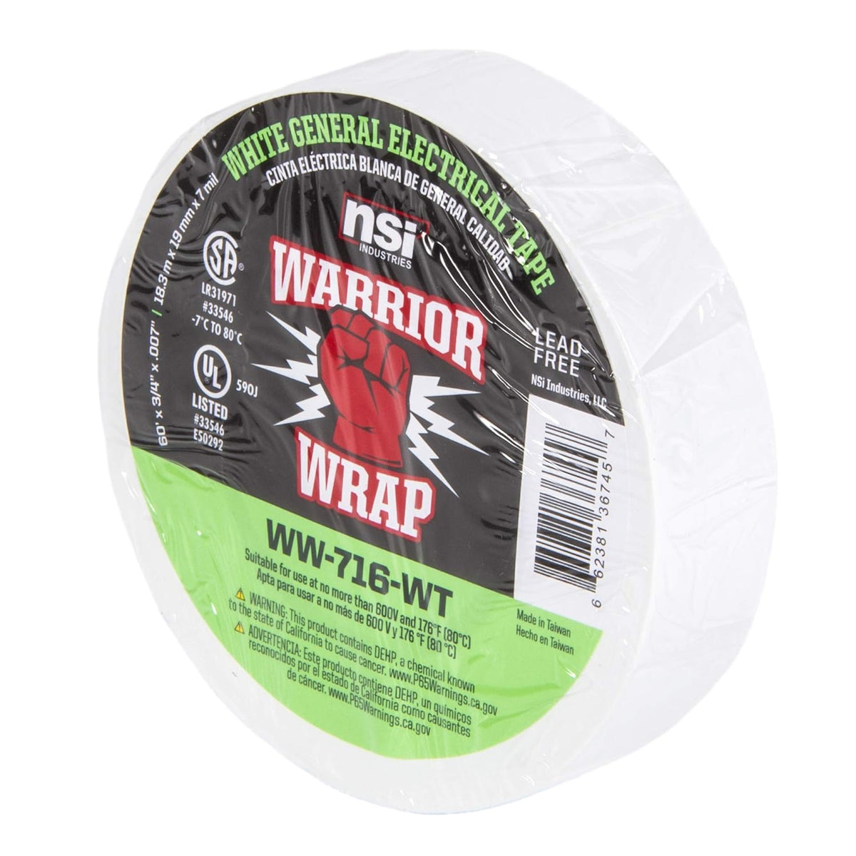 WW-716-WT Warriorwrap General 7 Mil Vinyl Electrical Tape, 3/4" Width, 60' Length, White