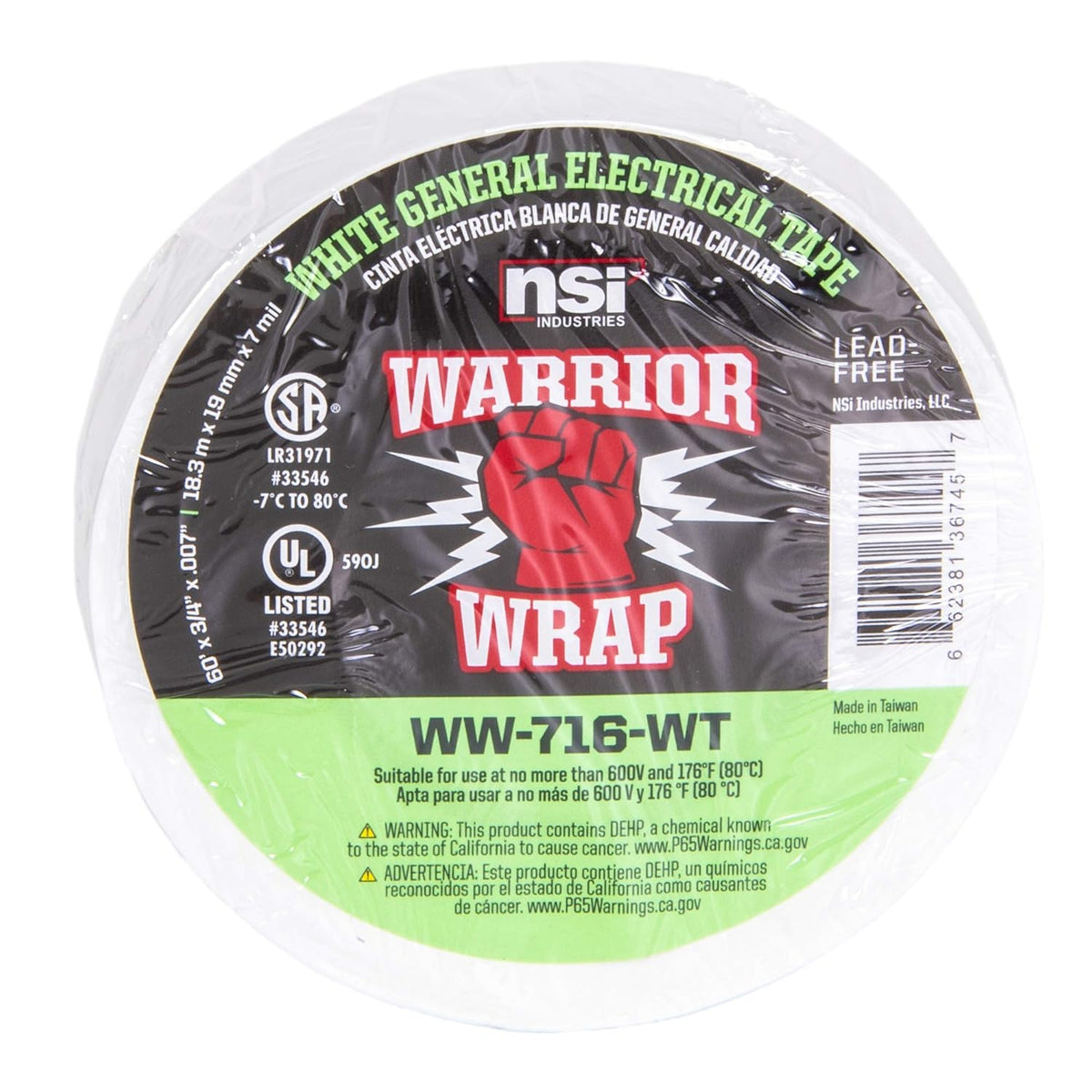 WW-716-WT Warriorwrap General 7 Mil Vinyl Electrical Tape, 3/4" Width, 60' Length, White