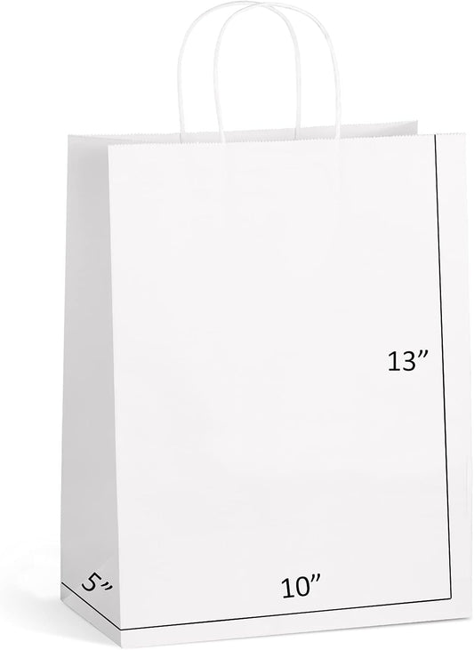 Kraft Shopping Bags 10X5X13 - 100 PCS White Paper with Handles, Gift Bulk, Party Favor, Merchandise, Retail