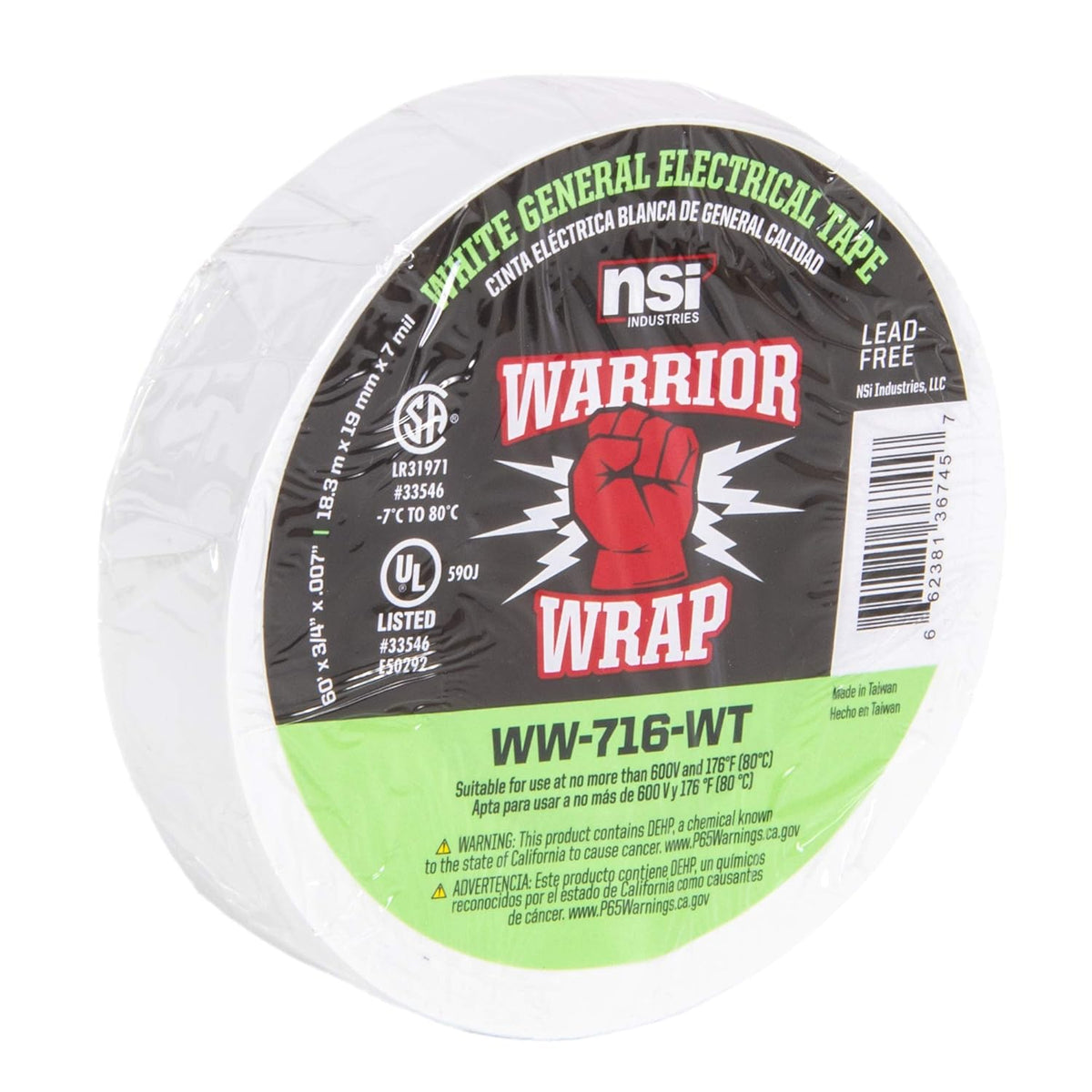 WW-716-WT Warriorwrap General 7 Mil Vinyl Electrical Tape, 3/4" Width, 60' Length, White