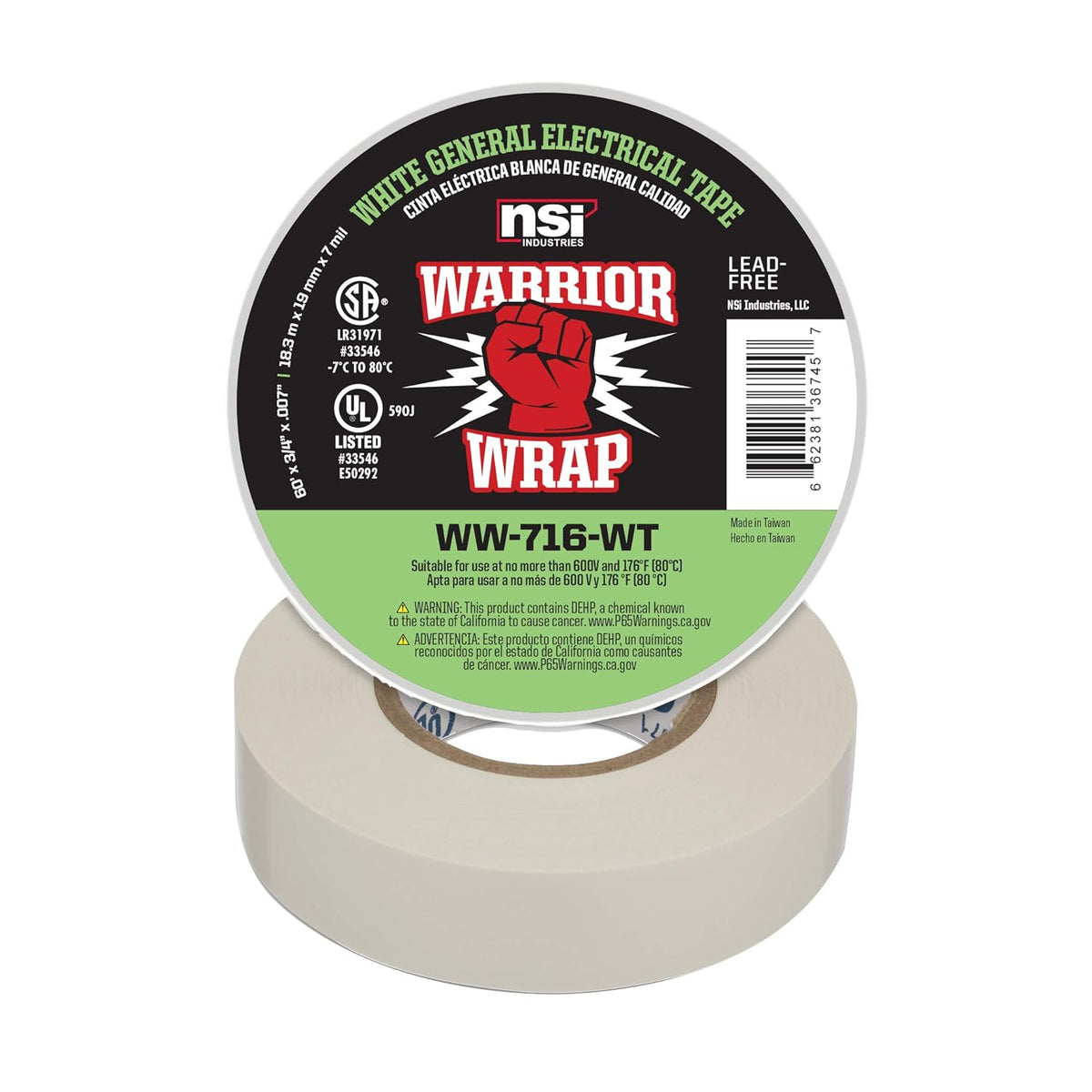 WW-716-WT Warriorwrap General 7 Mil Vinyl Electrical Tape, 3/4" Width, 60' Length, White