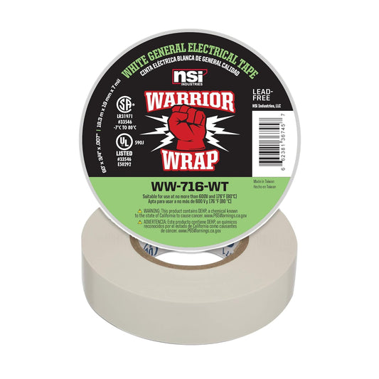 WW-716-WT Warriorwrap General 7 Mil Vinyl Electrical Tape, 3/4" Width, 60' Length, White
