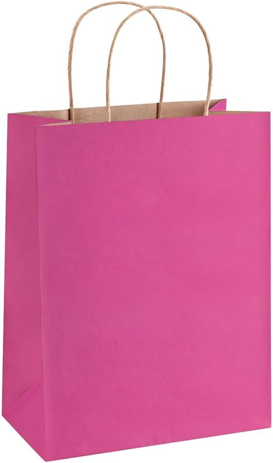 Hot Pink Gift Bags 8X4.25X10.5 100Pcs Kraft Paper Gift Bags with Handles Medium Bulk, for Shopping Party Favor, Retail Merchandise Grocery Paper Sacks